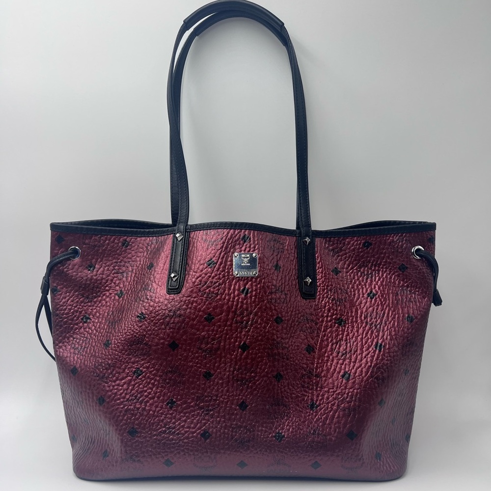 MCM Red Metallic Shopper Tote